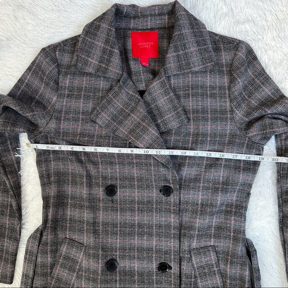 NWOT Jennifer Lopez Gray Plaid Belted Wrap Tie Waist Trench Coat Red Small - Picture 12 of 12